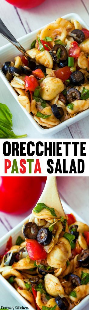 Healthy Orecchiette Pasta Salad with Basil, Olives and Tomatoes